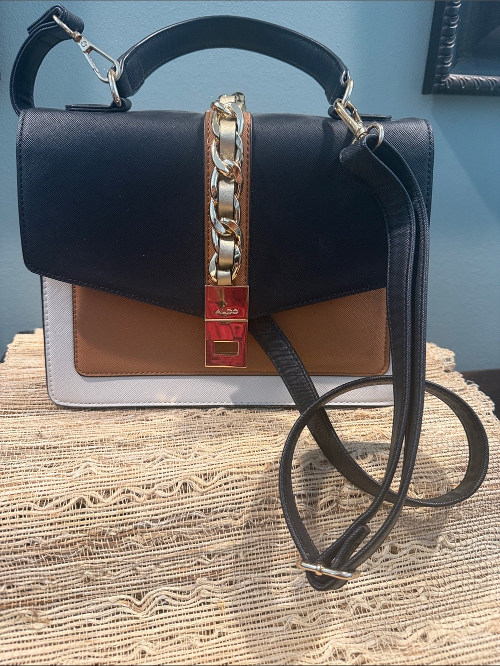 ALDO Black, Tan & White Colorblock Top-Handle Satchel